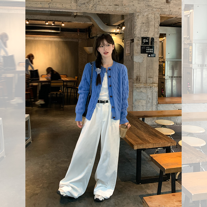 Blue Button Twist Fashion Knitted Cardigan Women's Spring New Korean-style Loose Slimming Long-sleeved Sweater Jacket for Women