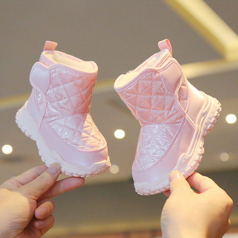 Botas de nieve para niños engrosadas con forro polar de Velcro alto de color sólido zapatos casuales acolchados de algodón cálidos botas acolchadas de algodón para hombres y mujeres