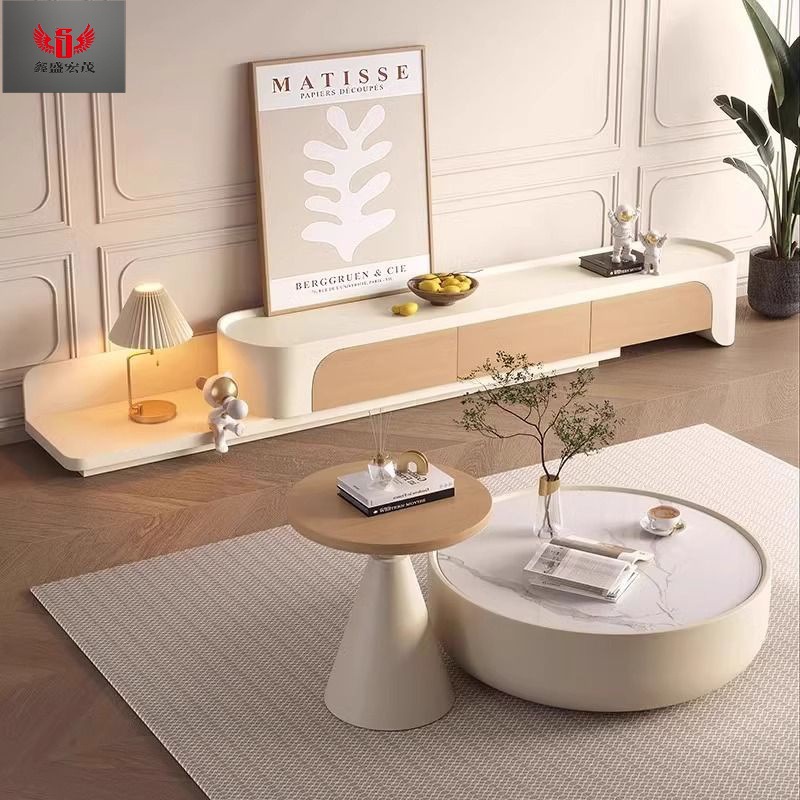 Gabinete de piso de tipo casa grande y pequeño con aire crema de madera sólida tabla de roca mesa de té sala de estar hogar color tronco estirado gabinete de televisión combinación