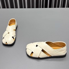 本革スクエアトゥサンダル女性のための 2025 夏の新しいスタイル中空レトロ織りファッション多用途ツーウェア厚底ローマンシューズ