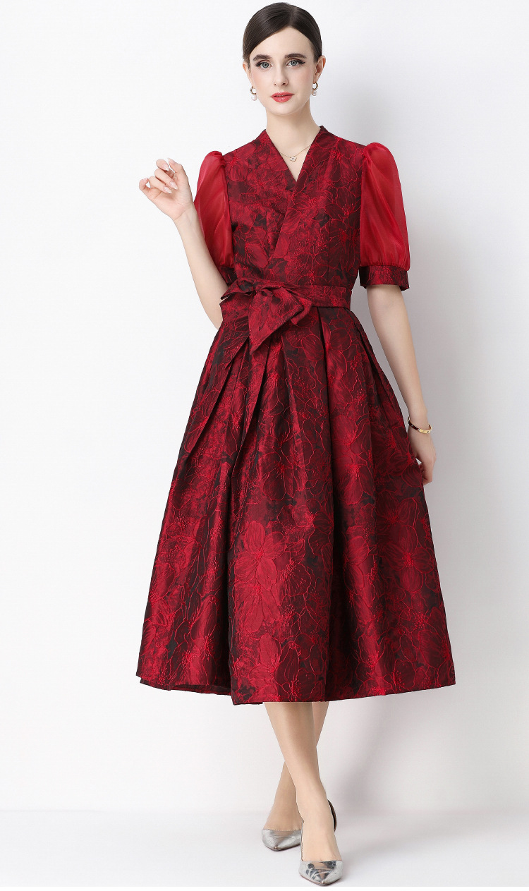 Đầm maxi nữ thắt eo V cổ tay ngắn họa tiết jacquard thanh lịch — màu đen, xanh lam, Màu hồng, màu trắng chi tiết 23
