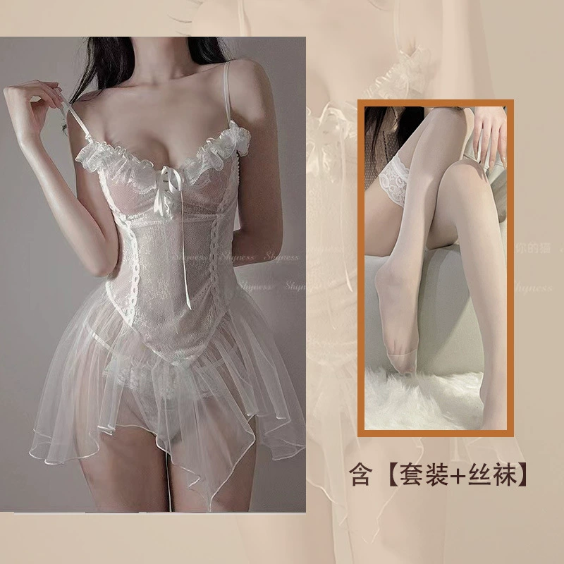 Кружевное babydoll ночнушка, полупрозрачная юбка из сетки с push-up чашечками, черная/белая, размеры Avg/Large