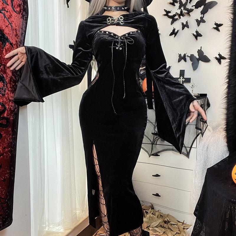 Cf22010 Dark Style Hooded Bell-Sleeve Spider Web Dress 2025 New Gothic Cosplay Halloween Long Dress Cf22010 Dark Style Hooded Bell-Sleeve Spider Web Dress 2025 New Gothic Cosplay Halloween Long Dress