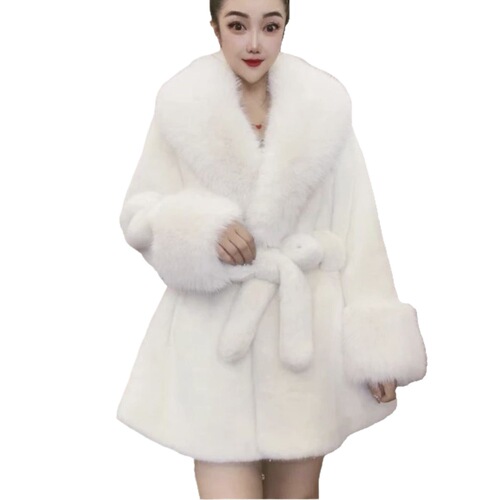 2025 Autumn/Winter New Plush Collar Winter Fitted Fox Faux Fur Coat Thick Warm Medium Length Fashion Overcoat