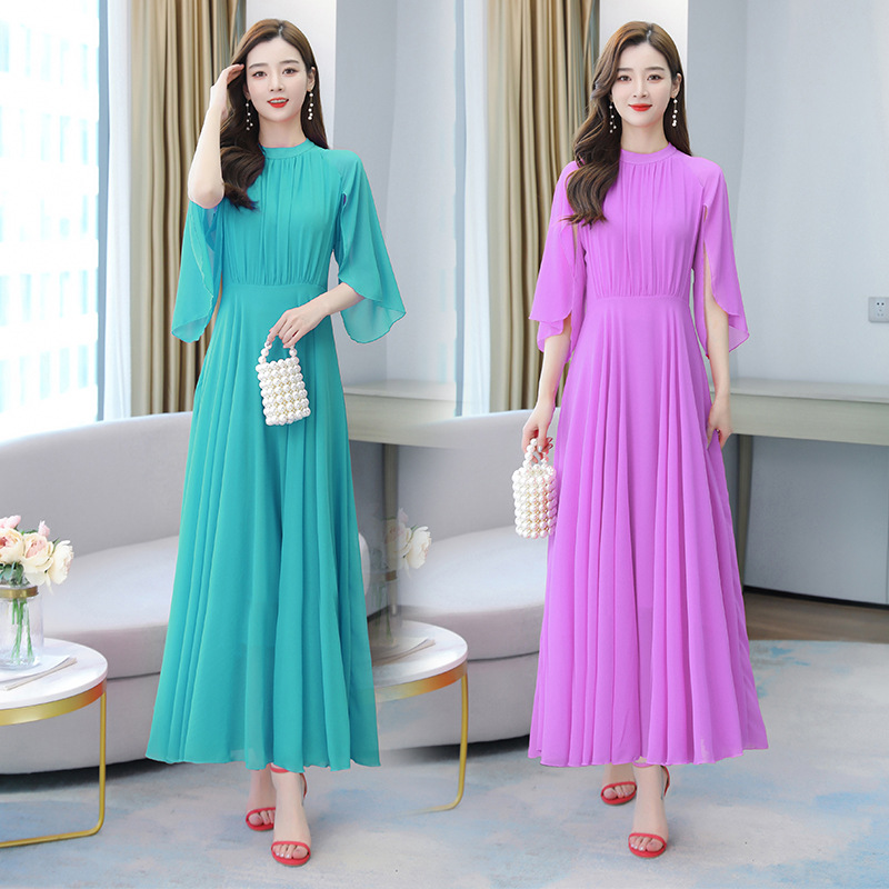 Summer elegant solid color shiffon dress with sleeves for leisure