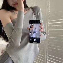 2024夏季新款不规则斜肩长袖斜领纯色修身短款女装大朗针织衫