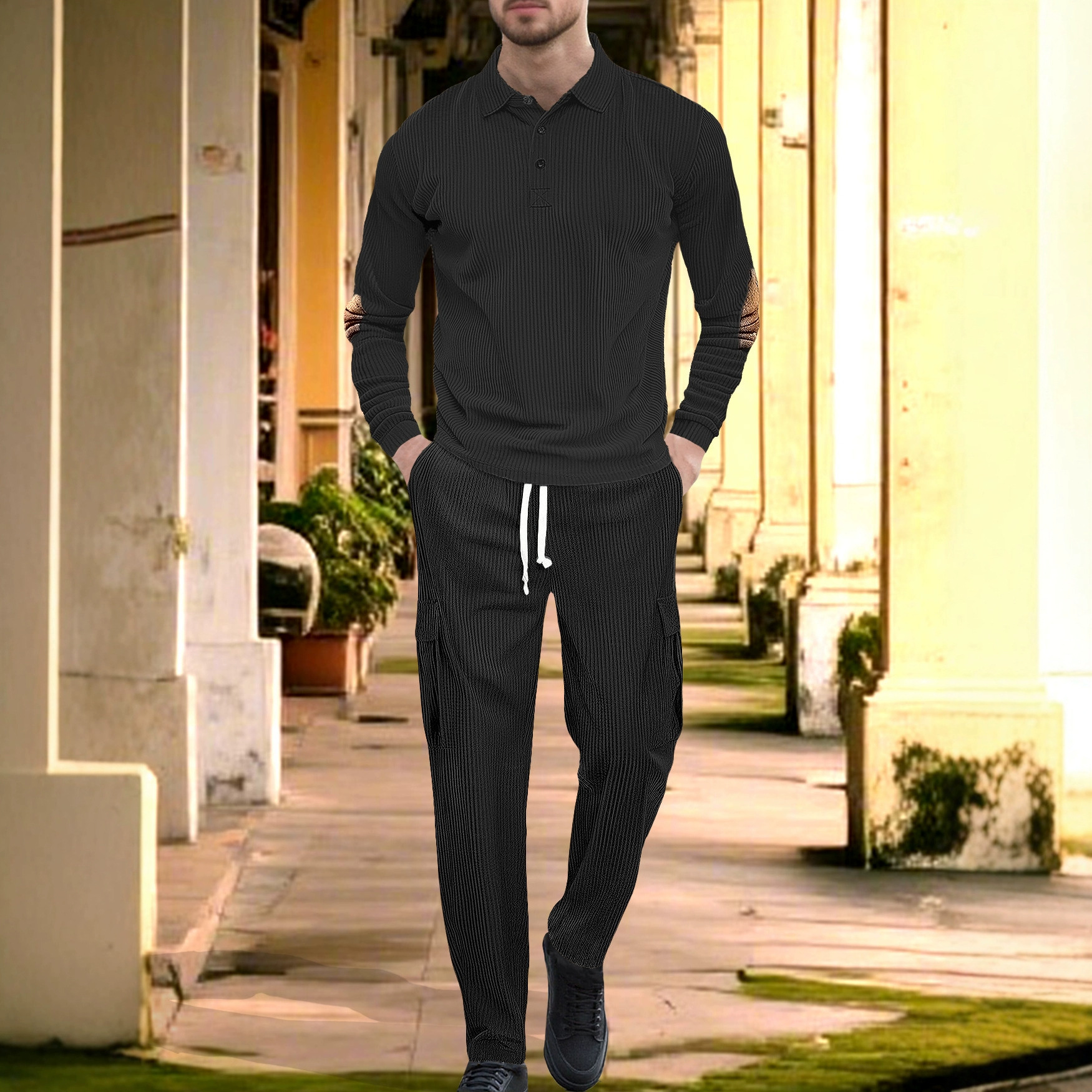 Comercio exterior Amazon transfronterizo Europa y Estados Unidos deportes casuales con solapa de manga larga dos piezas para hombres sueltos set de herramientas de color sólido