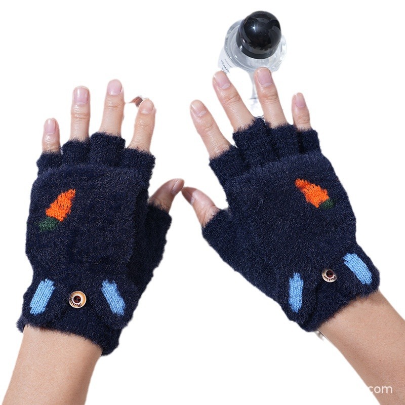 Invierno de las mujeres cálido forrado de lana engrosada estudiante escritura de moda montar lindo punto medio dedo flip guantes de dibujos animados