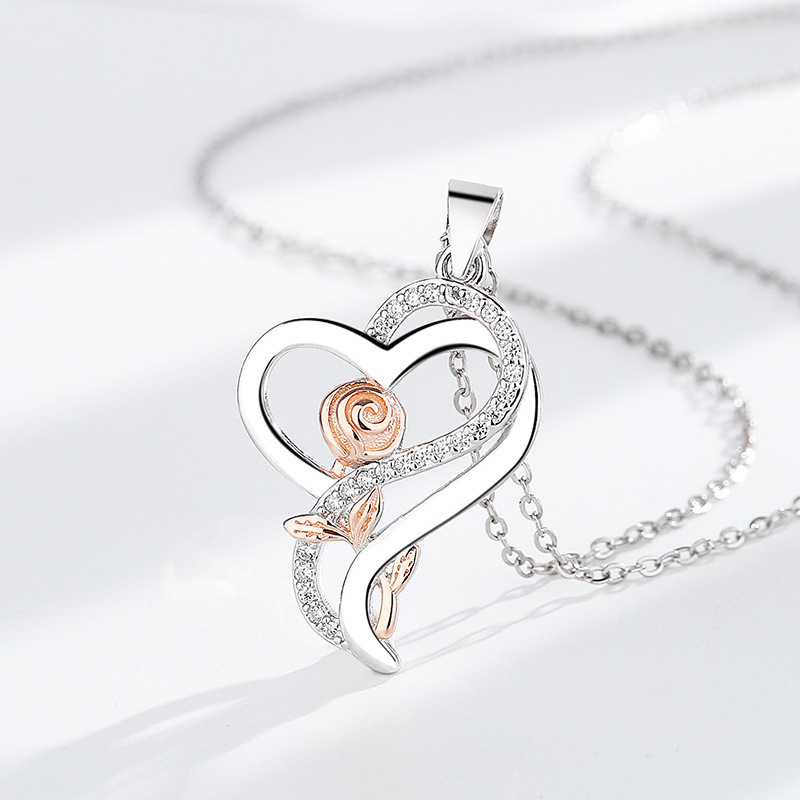 cable chain Chain Type 1 Piece Quantity Daily, Date, Tea Party Occasion 925 Sterling Silver Heart Shape Rose Pendant Necklace