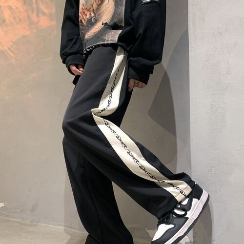 oversize side stripe autumn and winter pants, high-end feel straight leg pants, American street style men's loose wide-legged pants 