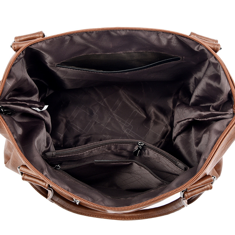 Genuine Leather Women's Handbag New Retro Motorcycle Bag Large Capacity Tote Mom Bag Shoulder Crossbody Bag - Thumbnail 4