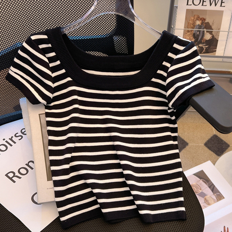 Black and White Striped Ice Silk Striped Shoulder Short-sleeved T-shirt Women's Summer Chanel Style Advanced Elegant Short Knitted Top