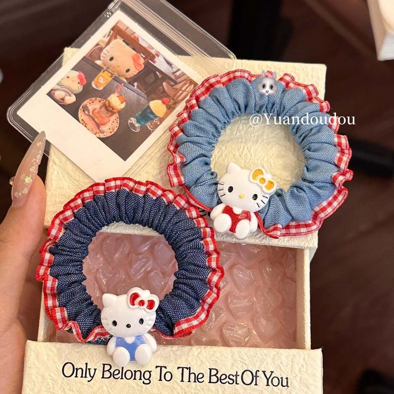 甜美可爱kitty猫牛仔肠圈女孩软萌简约KT小猫发圈扎发高马尾头绳|undefined