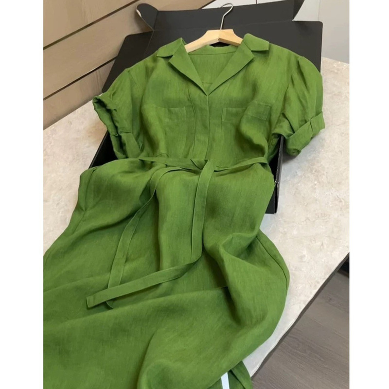 French Retro High-End Simple and Elegant Green Linen Shirt Dress for Women 2026 Summer New Long Dress