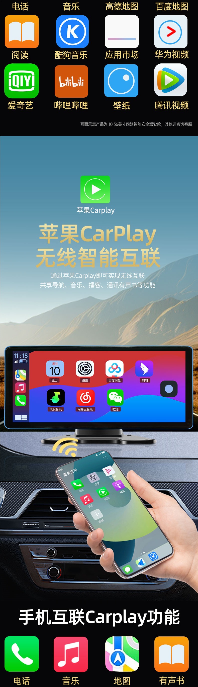Truck 360-degree panoramic dashcam with CarPlay mobile phone connectivity, MP5, blind spot four-way warning monitoring system