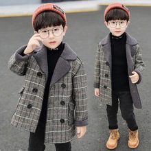 男童加绒加厚外套2023秋冬款儿童装格子毛呢子大衣韩版中长款上衣