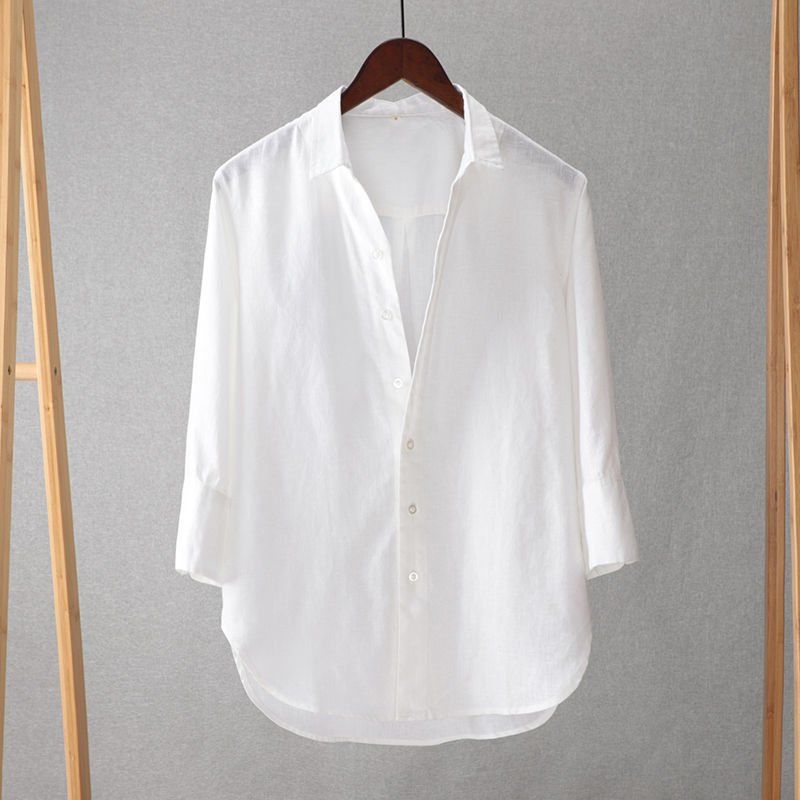 Camisa de seda de hielo para hombre con mangas tres cuartos, nuevo estilo de verano, suelta, delgada, transpirable, camisa de lino y algodón de color sólido, manga media blanca para hombre