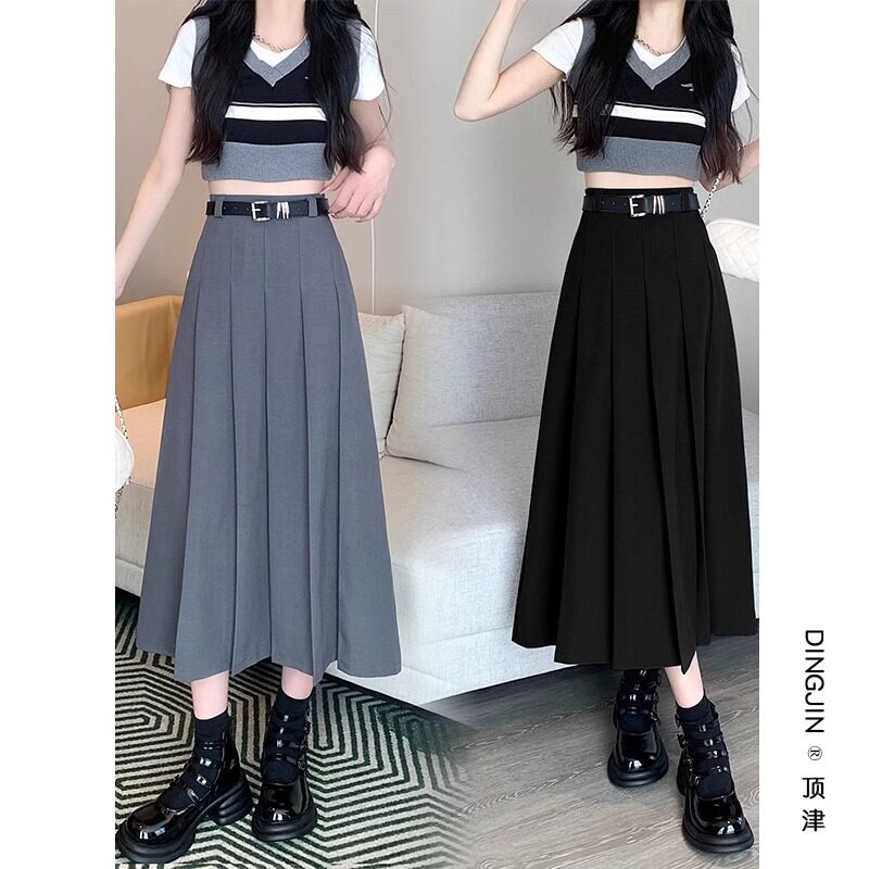 Chân váy vest nữ cạp cao dáng chữ A xếp ly dài vừa — Màu xám, Màu đen