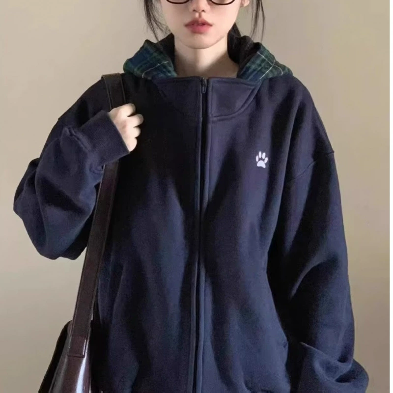 2025 щенок с лапой свитер американский ретро сшивание поддельные две части в клетку с капюшоном свитер для мужчин и женщин свободный прилив