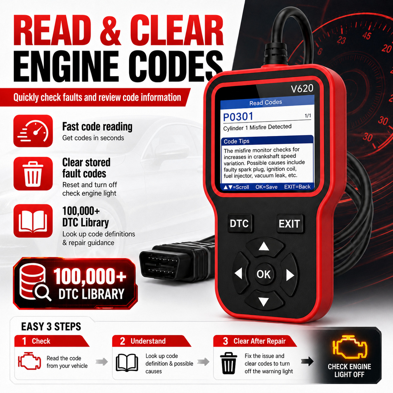 V620 car fault detector diagnostic device OBD2 decoder eraser universal display screen precise decoding