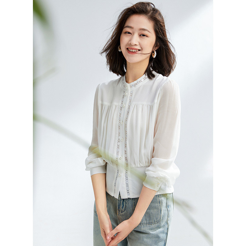 100% Mulberry Silk Lace Patchwork Blouse 2026 Early Spring White Elegant French Silk Shirt
