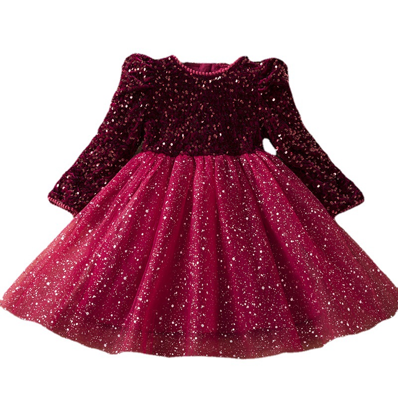 Girls' Sequin Winter Children's Girl Princess Fashionable Splicing Fluffy Yarn Dress Trend_voghion.com