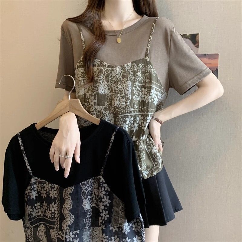 2026 Cotton Two-Piece Style T-Shirt for Women, Summer Plus-Size Retro Vacation Style Floral Camisole for Plus-Size Fashion