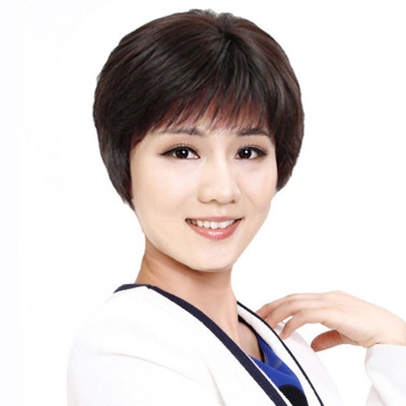 Middle-aged and elderly wig really send mother middle-aged lady short hair elderly short straight hair chemotherapy wig real person hair set