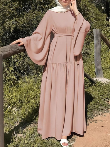 Muslim Commuter Holiday Leisure Flared-Sleeve Dress for Women, 2024 Winter New Arrival Simple Long-Sleeved Pullover Robe