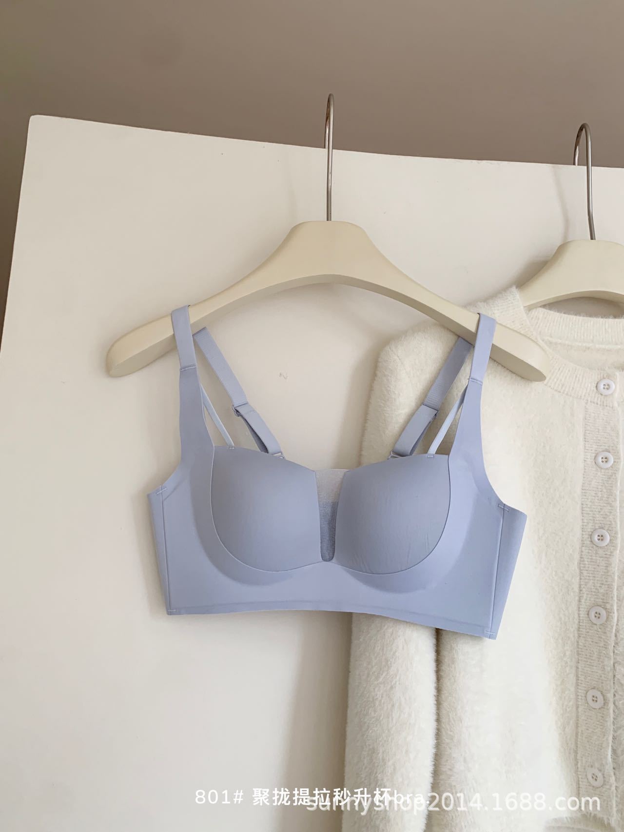 801 Pechos pequeños franceses reunidos y levantados, copa, malla sexy, ropa interior en V profunda, sin costuras, sin anillo de acero, sujetador de copa de una pieza, mujer