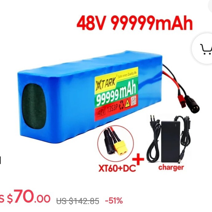 电动自行车电池 48v 999Ah 18650 锂离子电池组 13串3并+充电器