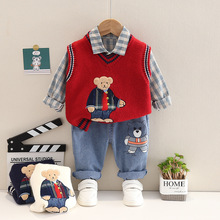 男童装秋季新款韩版卡通毛衣马甲格子衬衫牛仔裤三件套中小童套装