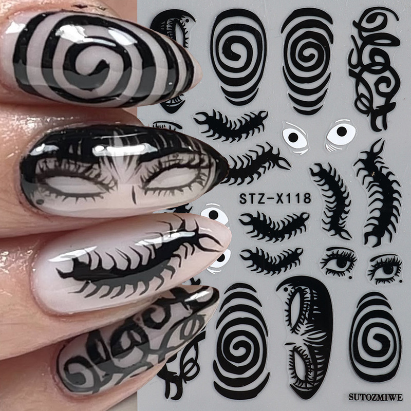 Cross-border new nail art stickers: Halloween spiral, vortex, bow, and centipede designs in a dark aesthetic, with adhesive backing