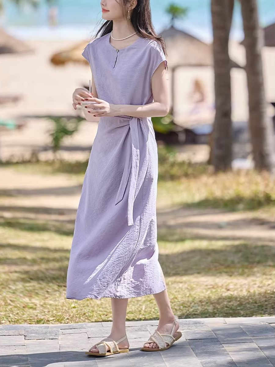 Đầm suông nữ midi tay ngắn ren-up thắt lưng phong cách Pháp thanh lịch — Xanh tím