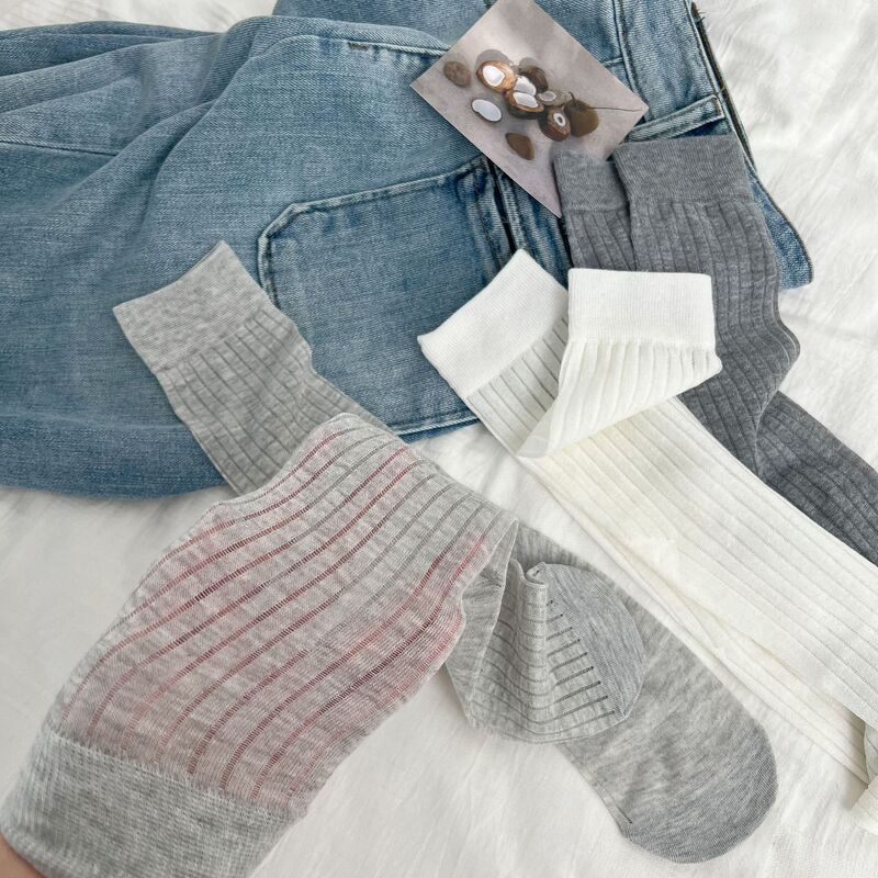 Japanese Style Simple White Cuff Socks Women's Summer Thin Sweet jk Vertical Stripe Mid-length Knee-length Pile Socks All-match