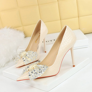 3391-H9 Korean Fashion Banquet High Heels Slim Heels Ultra High Heels Shallow Mouth Pointed Rhinestone Bow Tie Single Sh