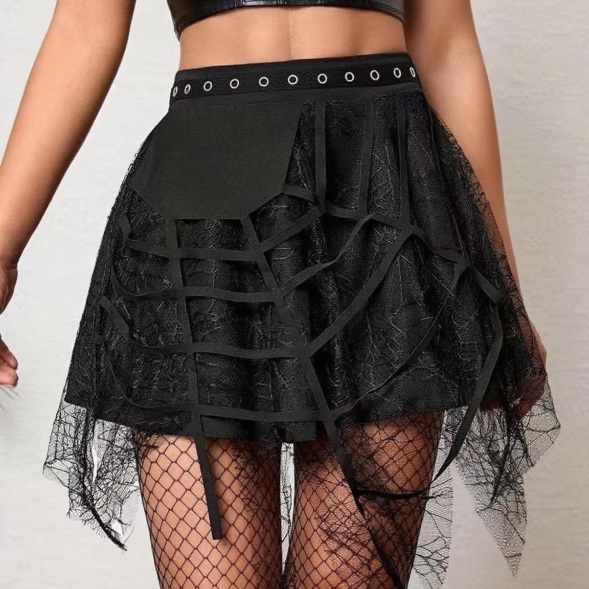 Gothic Punk Dark Design Lace Patchwork Skirt Spring and Autumn Spider Web Spicy Girl Irregular Short Skirt