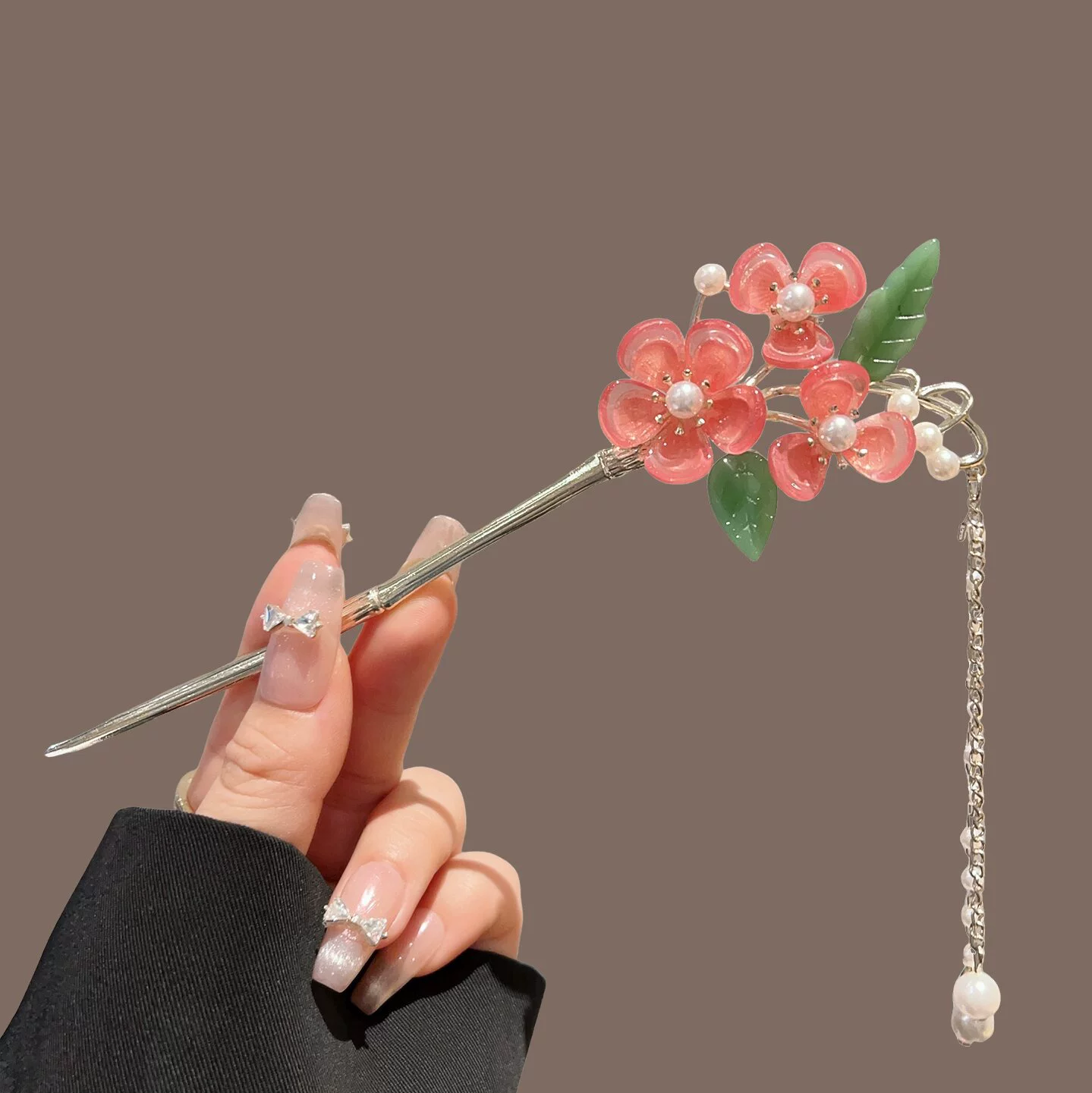 Металлическая шпилька-украшение с цветком, китайский стиль Hanfu, кисточка и жемчуг, 20 см
