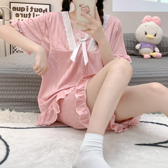 Summer New Pregnant Women's Pajamas Milk Silk Jacquard Solid Color Casual Breastfeeding Moon Clothes Short Sleeve Suit Home Clothes