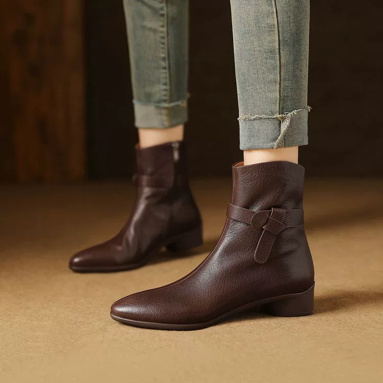 Женская обувь ручной работы ~ 3cm средний каблуки ретро боковая молния сапоги из овчины дети осень и зима новые сапоги на каблуках