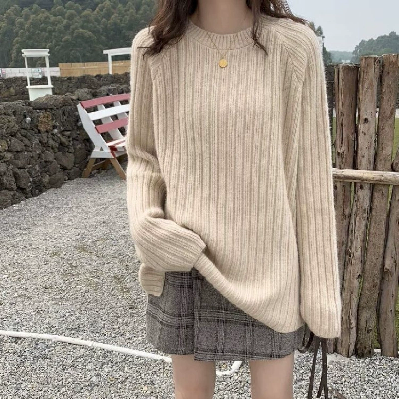 Демисезонный весенний вязаный свитер, круглый вырез, оверсайз, 2024, корейский стиль