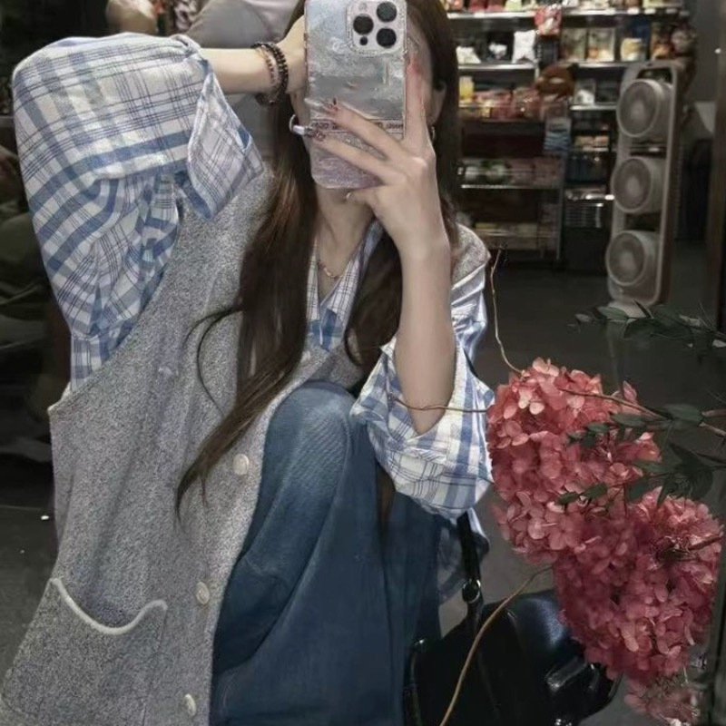 高个慵懒周末 大版阔型设计感格纹衬衫慵懒宽松开衫格子长袖+马甲|undefined