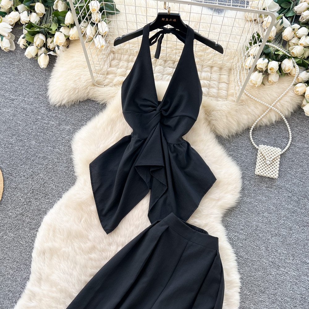 Women's Luxury Commuter Style Halter Vest Wide Leg Pants Two Piece Set Slimming Stylish Backless Summer Outfit_ecoleips.com
