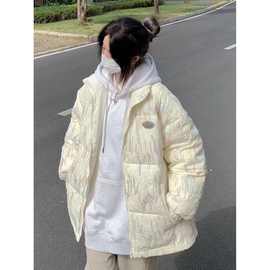 小香风压皱彩色棉服女款慵懒风bf宽松加厚保暖棉衣国潮牌冬季外套