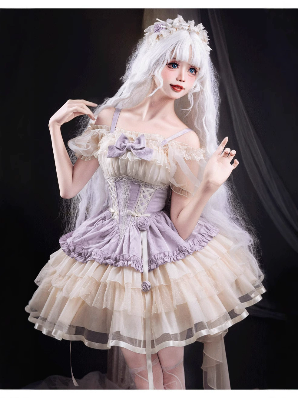 Lolita JSK (Bianyuan) Dance of Time 3.0 — балетный короткий стиль, бантик и розетки, голубой (S–M)
