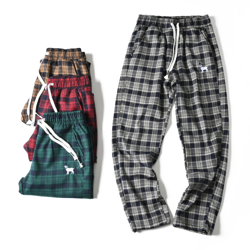 Japanese Style Retro Trendy Plaid Casual Pants Spring and Autumn Scrub Plaid Straight Nipple Harlan Pants Men's Sports Pants