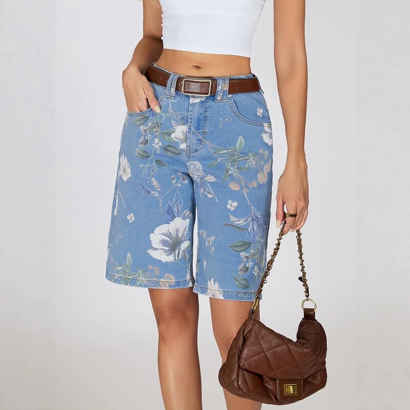 Ezapine Women's Denim Shorts Jeans Bermuda Shorts Loose Y2K Women's Straight Knee-Length Printed