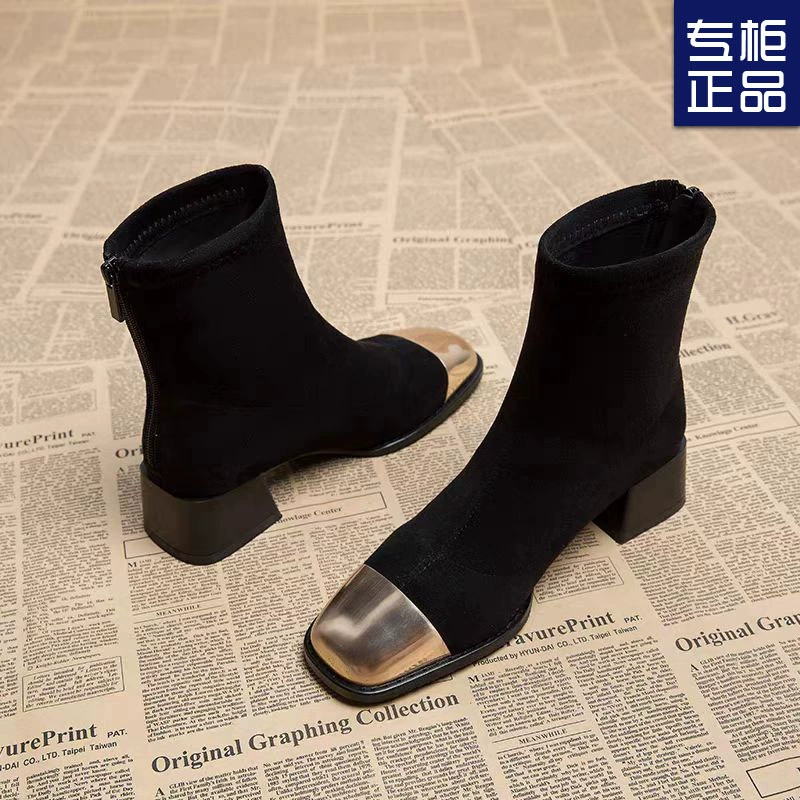 2024 осень и зима новые европейские и американские квадратные каблуки на высоком каблуке тонкие ботинки женские французские ботинки дикие ботинки женские короткие ботинки