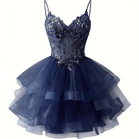 Foreign trade cross-border navy blue short puffy dress with sequins and mesh, high-end niche evening gown for birthday parties Foreign trade cross-border navy blue short puffy dress with sequins and mesh, high-end niche evening gown for birthday parties