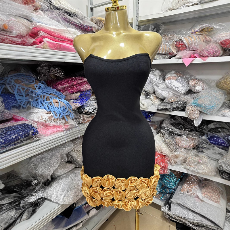 European and American Hot Style High-End Stereo Flower Bud Skirt Sexy Tube Top Bandage Dress Party Evening Dress Women's Clothing